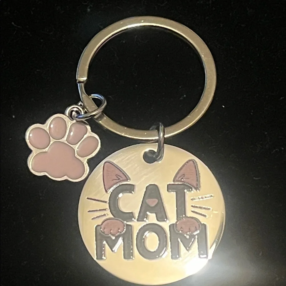 Cat Mom Keychain with Pink Paw Charm - Gold Tone